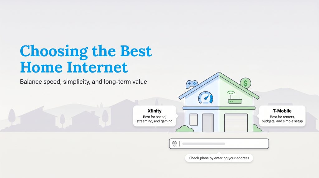 Infographic comparing Xfinity for speed and gaming with T-Mobile for renters and budgets, and an address entry tool.