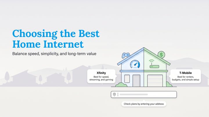 Infographic comparing Xfinity for speed and gaming with T-Mobile for renters and budgets, and an address entry tool.
