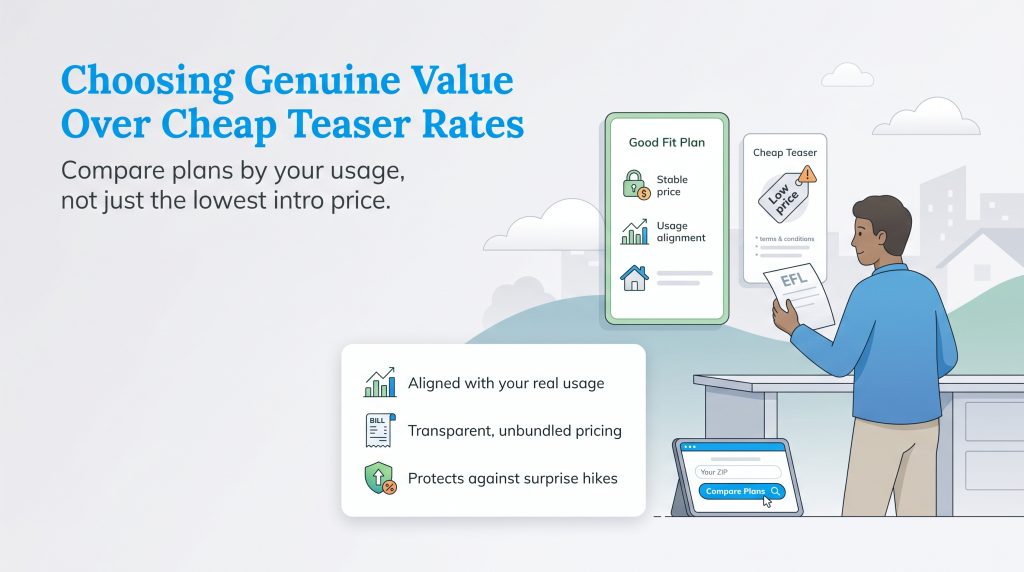 Illustration showing a comparison between genuine value electricity plans versus cheap teaser rates.