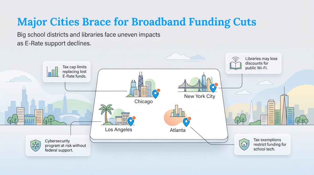 Infographic maps broadband funding cut impacts on schools and libraries in four major US cities.