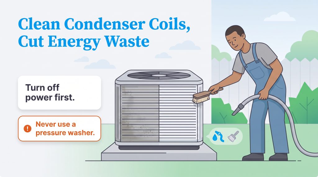 A person cleans an outdoor AC unit with a brush and hose, with safety warnings.