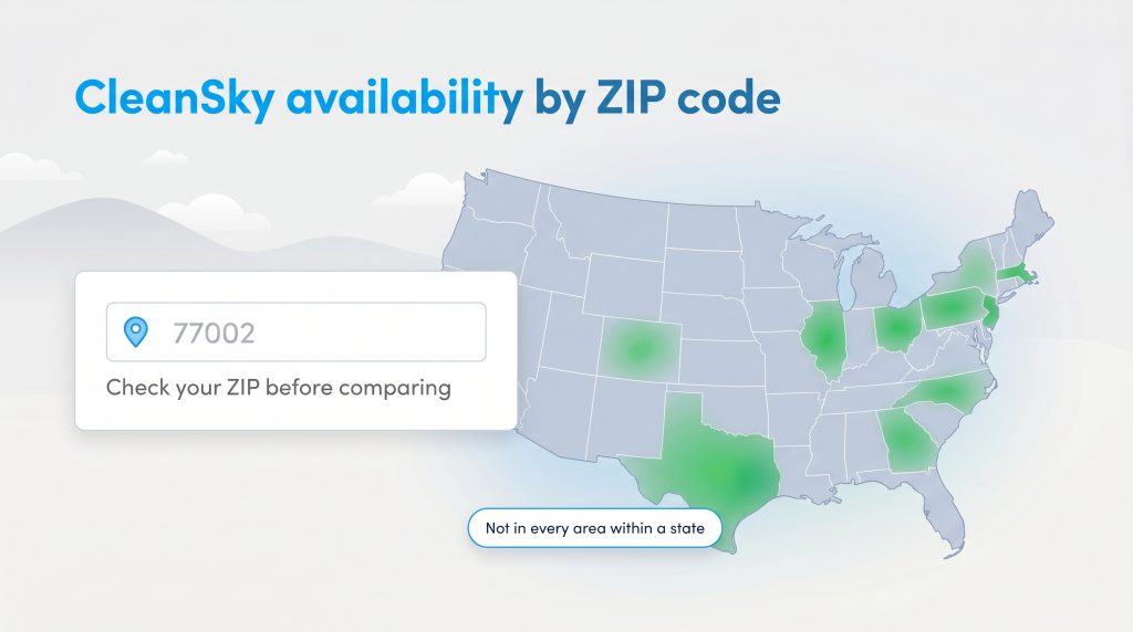 Map showing CleanSky Energy availability by state with a prompt to check specific ZIP codes.