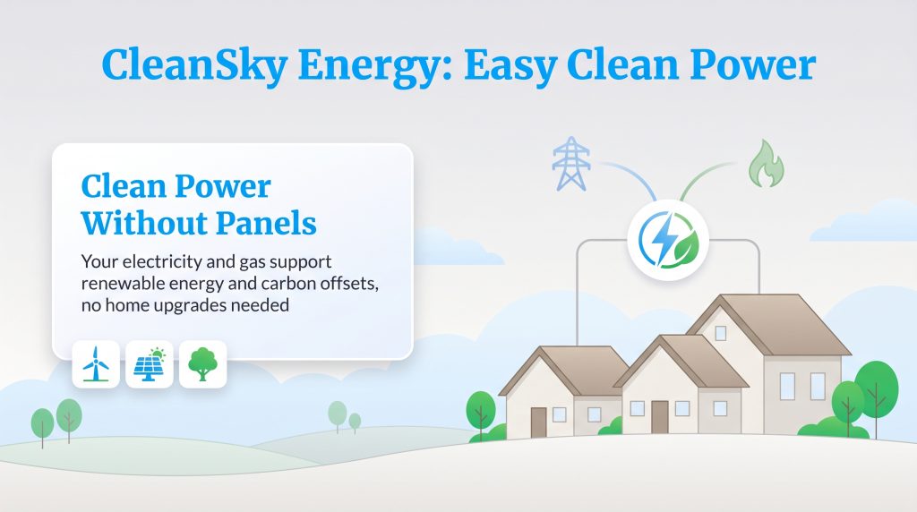 Illustration shows homes connected to CleanSky Energy, with icons for wind, solar, and trees, highlighting clean power without panels.