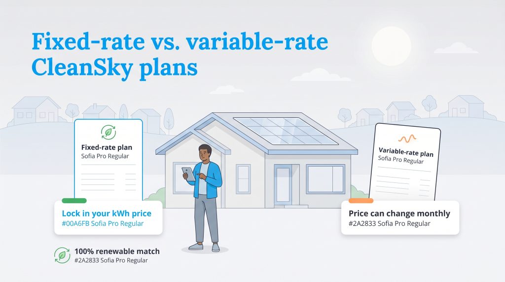 CleanSky infographic: fixed-rate plans lock in price; variable-rate plan prices change monthly.
