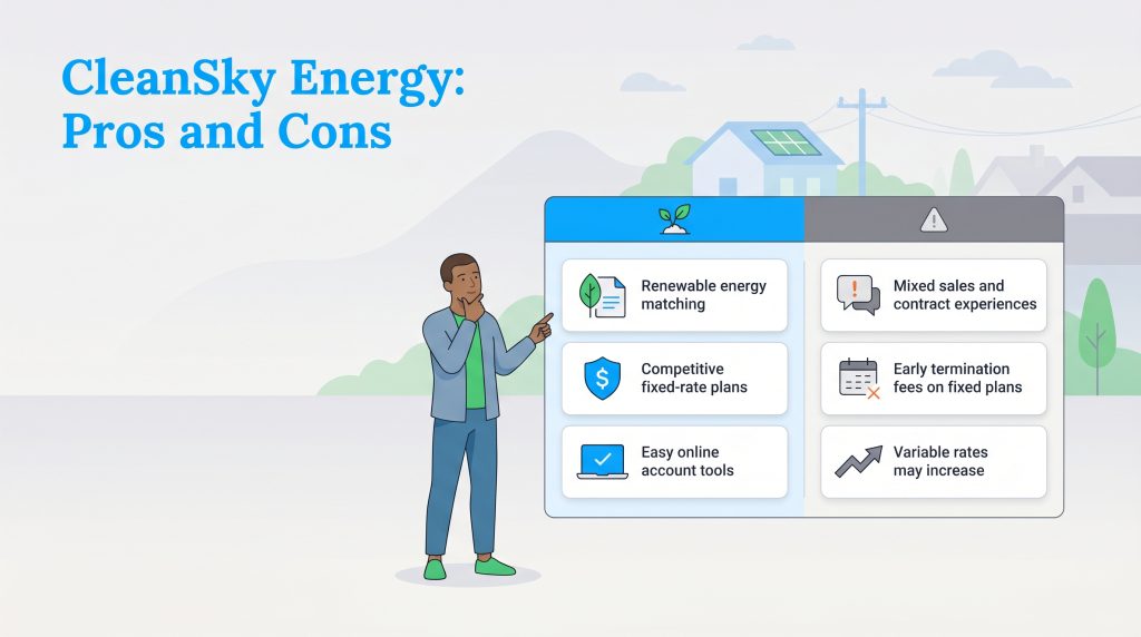 Chart showing CleanSky Energy's pros like renewable energy and cons like sales issues and early fees.