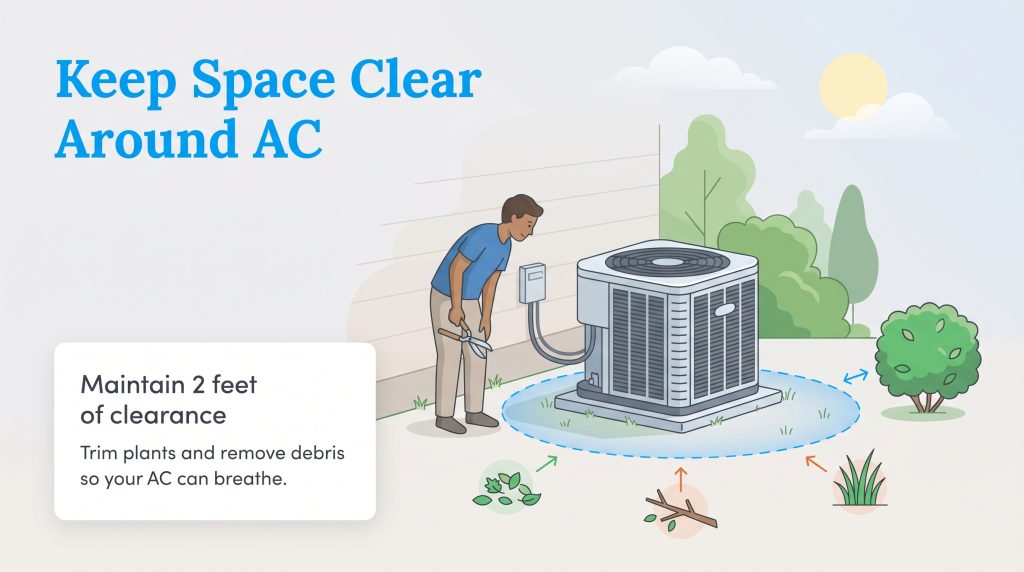 A man clears leaves and branches to create a 2-foot clearance around an outdoor AC unit.
