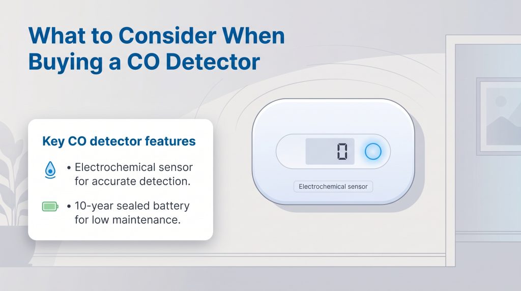 Infographic listing key CO detector features: electrochemical sensor and 10-year sealed battery.