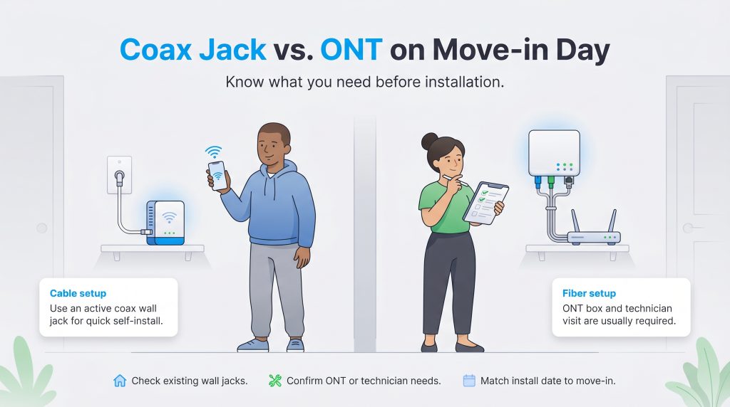 Illustration comparing cable internet self-install vs. fiber internet installation with an ONT box.