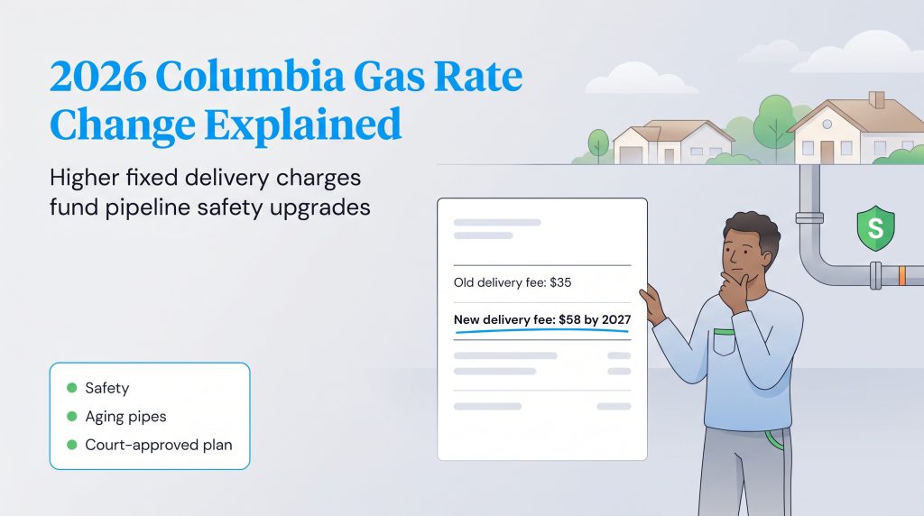 Man views Columbia Gas bill showing delivery fees rising to $58 by 2027 to fund safety upgrades.