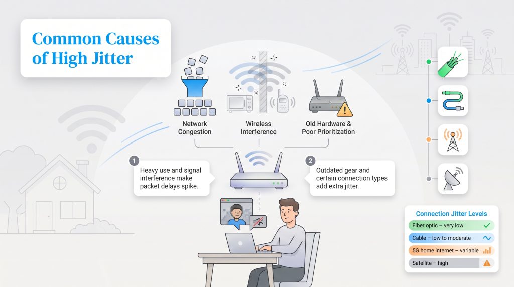 Infographic showing high jitter causes: network congestion, interference, and old hardware, affecting a user's connection.