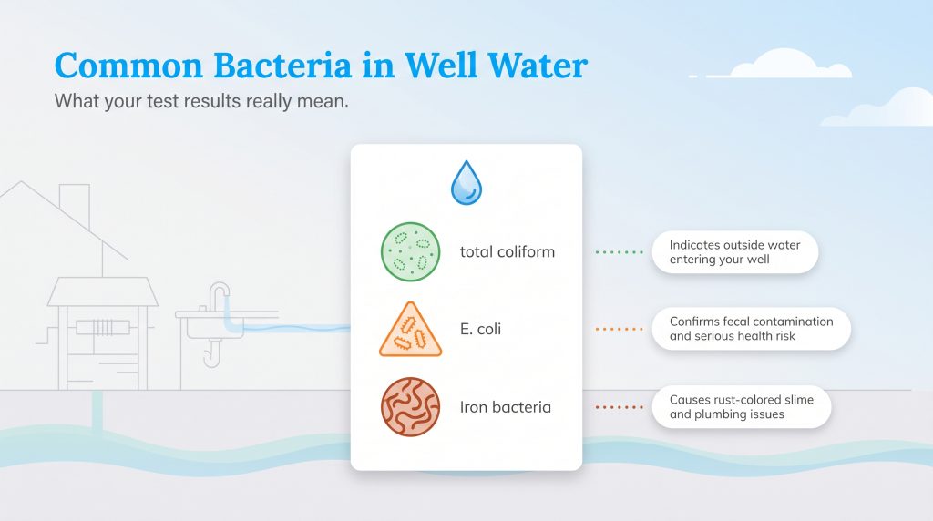 Infographic explaining total coliform, E. coli, and iron bacteria found in well water test results.