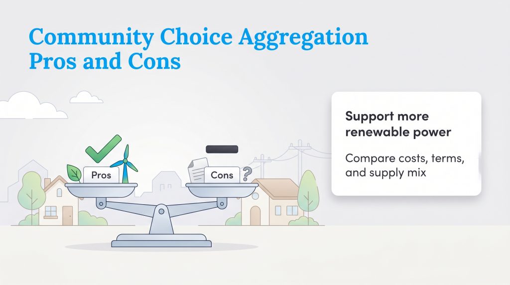 A balance scale weighs the pros and cons of Community Choice Aggregation, with a call to support renewable power.