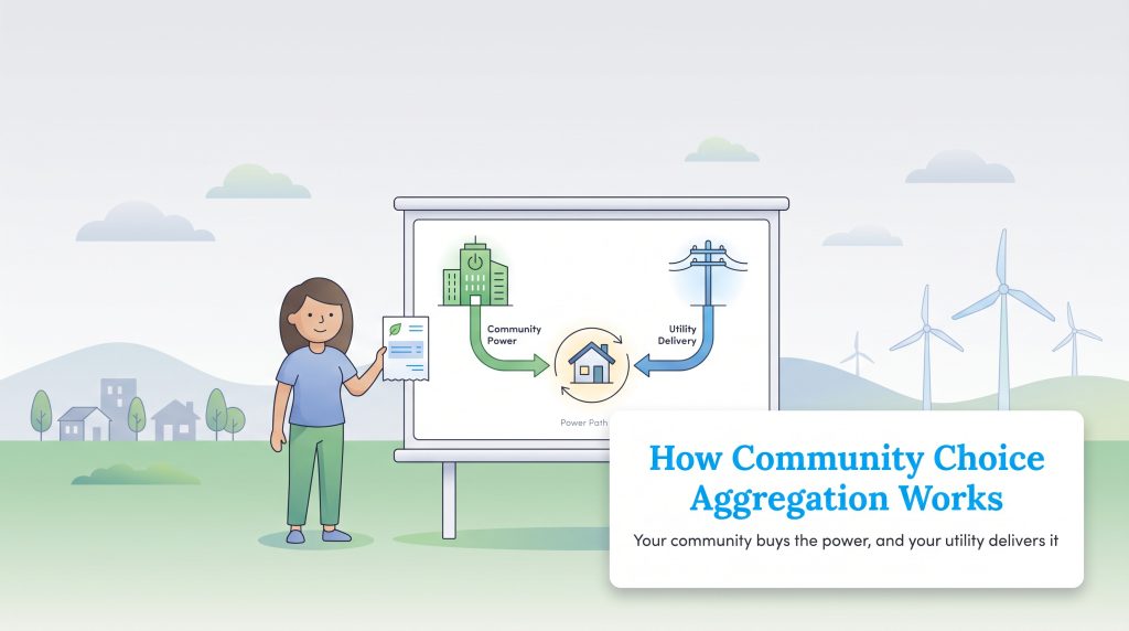 A diagram illustrating how community choice aggregation works with power generation and utility delivery.