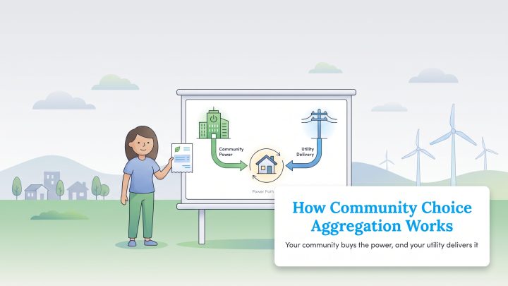 A diagram illustrating how community choice aggregation works with power generation and utility delivery.