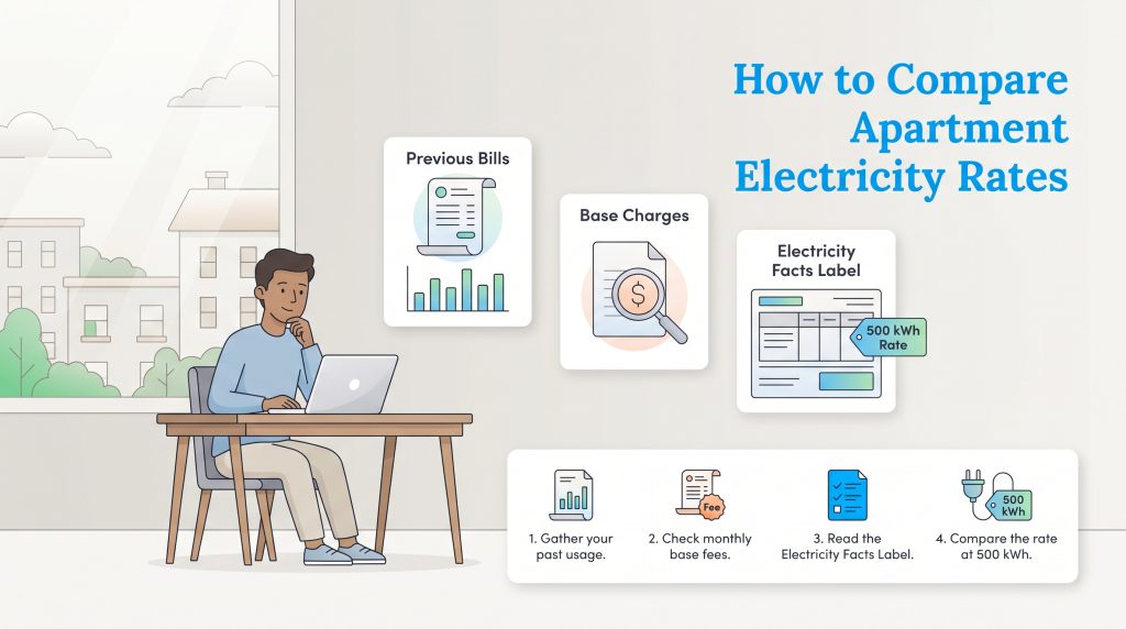 Infographic showing a four-step process for comparing apartment electricity rates.