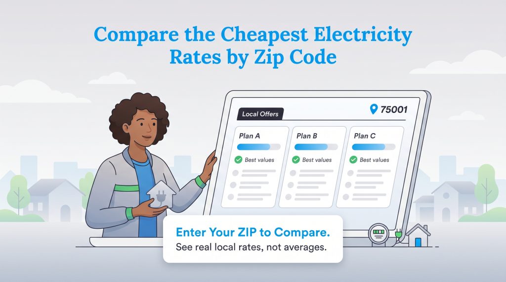 A person views a tablet screen showing local electricity plan comparisons by zip code.