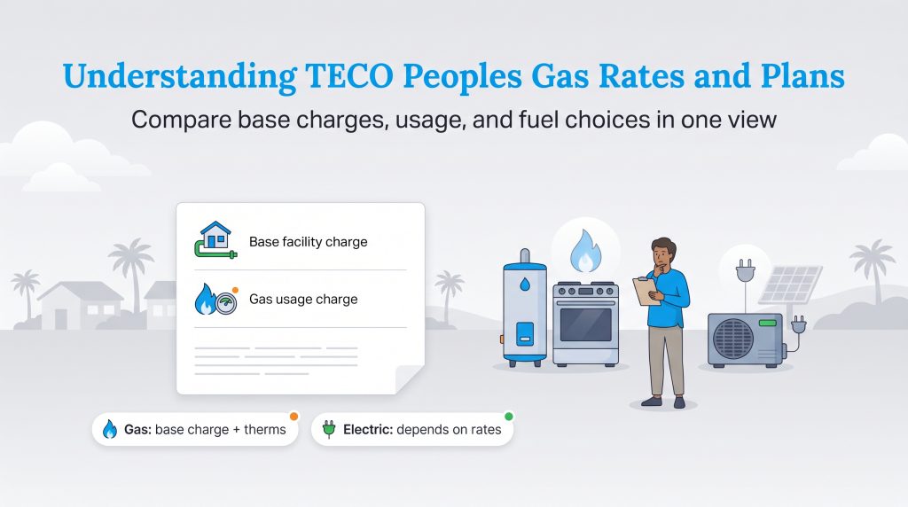 Illustration comparing TECO gas bill charges against electric appliance and solar options.