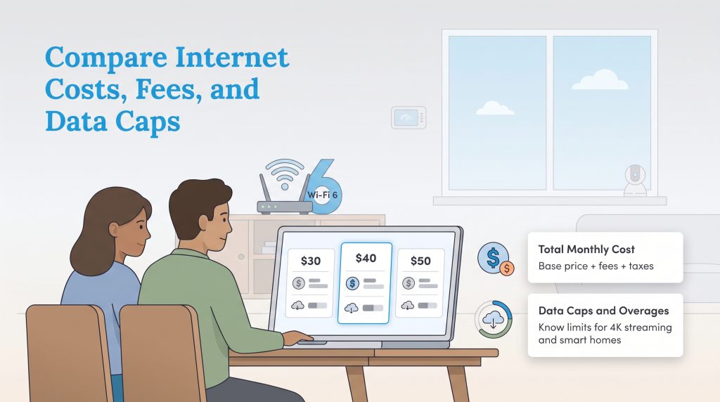 Illustration showing a couple reviewing internet plan prices and data caps on a computer.