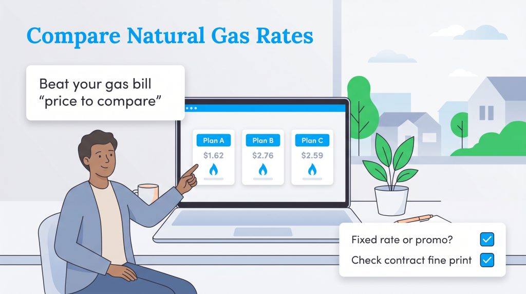 Man on laptop compares gas plans, advised to beat the price to compare and check the fine print.