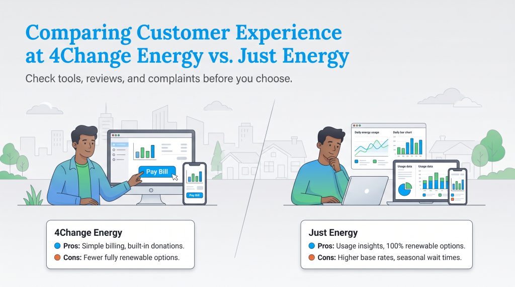 Infographic comparing customer experience, pros, and cons of 4Change Energy and Just Energy.