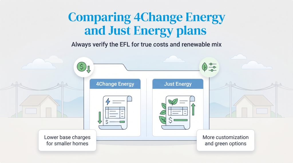 Visual comparison highlighting 4Change Energy's lower charges and Just Energy's green options.