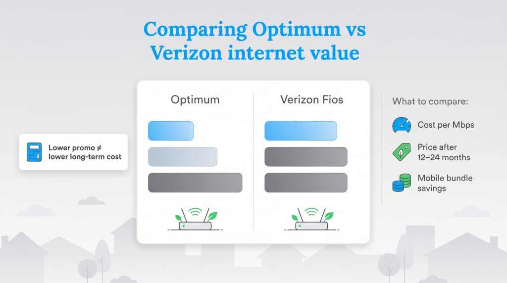 Comparison chart showing factors to consider when choosing between Optimum and Verizon Fios internet value.