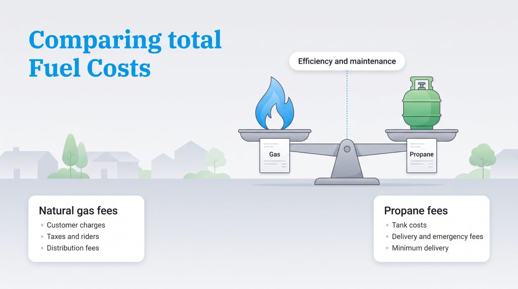 Infographic comparing total costs of natural gas and propane, including specific fees and maintenance factors.