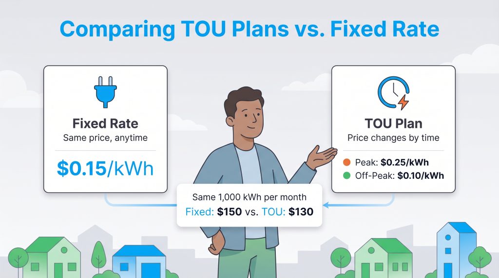 Infographic comparing fixed rate versus TOU electricity plans, showing potential cost savings with TOU.