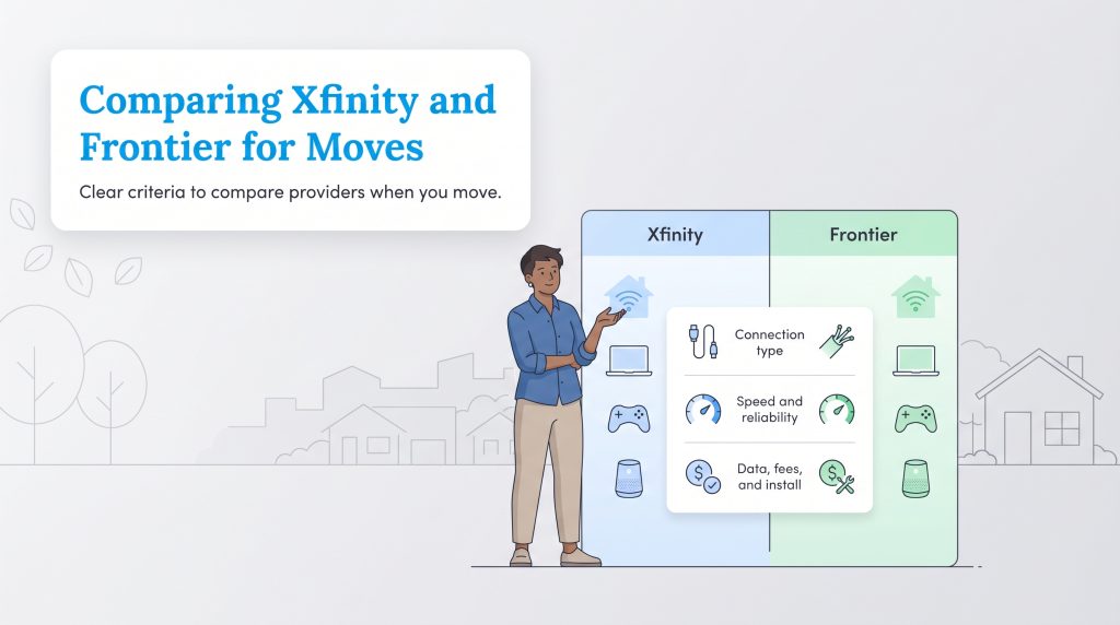 An infographic comparing Xfinity and Frontier internet providers based on connection type, speed, and fees.