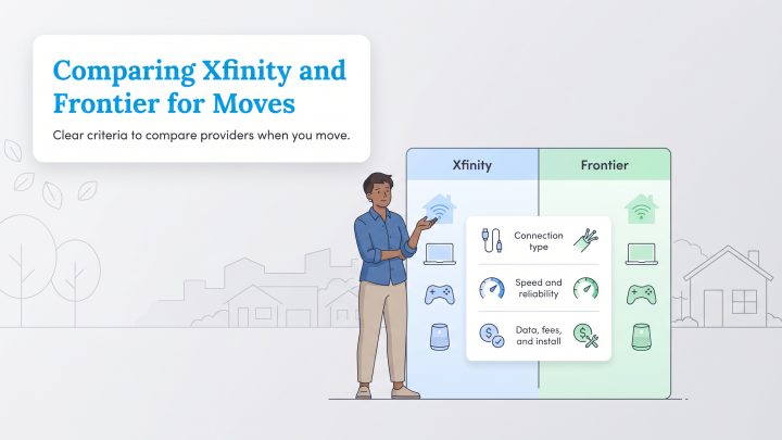 An infographic comparing Xfinity and Frontier internet providers based on connection type, speed, and fees.
