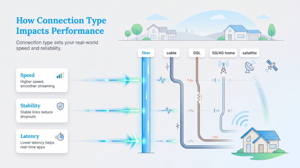 Diagram comparing performance of fiber, cable, DSL, 5G/4G, and satellite internet connections.