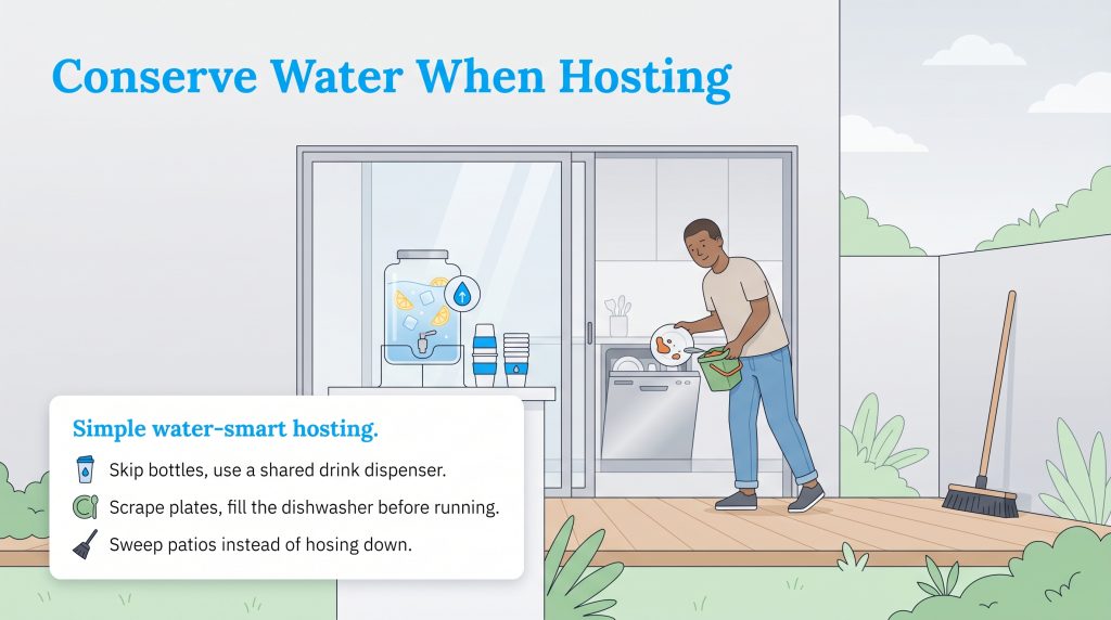 A man uses a water dispenser and a dishwasher during a party; text lists water-saving tips.