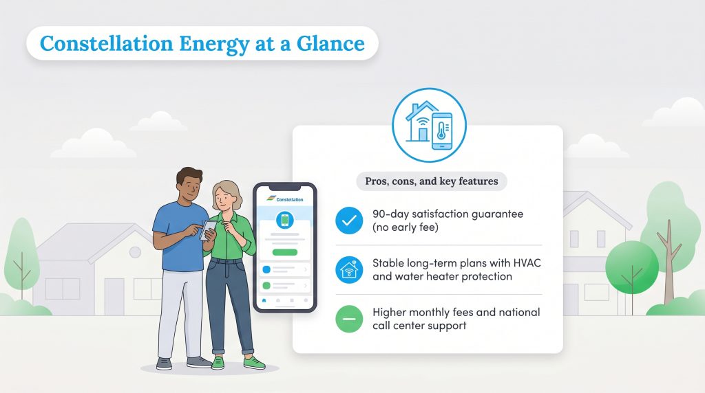 Infographic summarizing Constellation Energy's 90-day guarantee, protection plans, and higher fee structure.