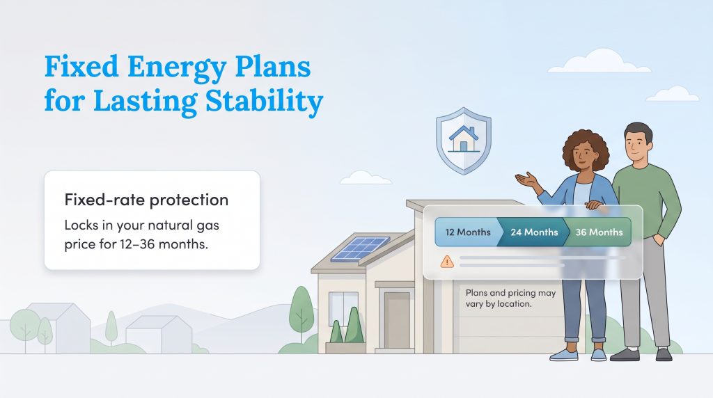 An illustration shows a couple choosing fixed-rate energy plans for 12, 24, or 36 months.