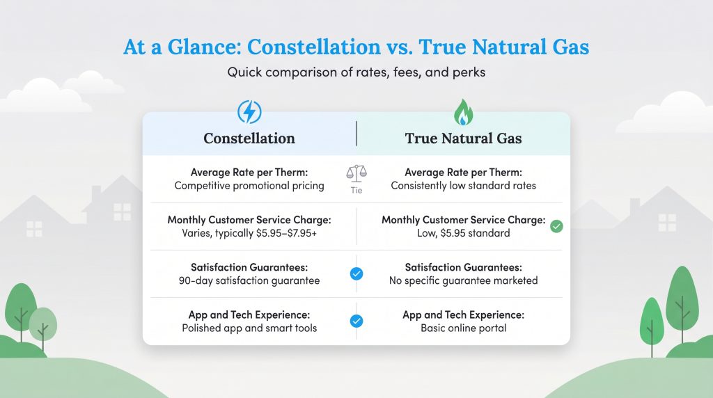 Comparison chart of Constellation and True Natural Gas rates, service charges, guarantees, and tech.