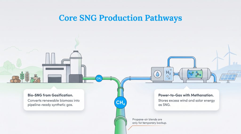 Diagram illustrating Bio-SNG gasification and Power-to-Gas methanation producing synthetic natural gas.