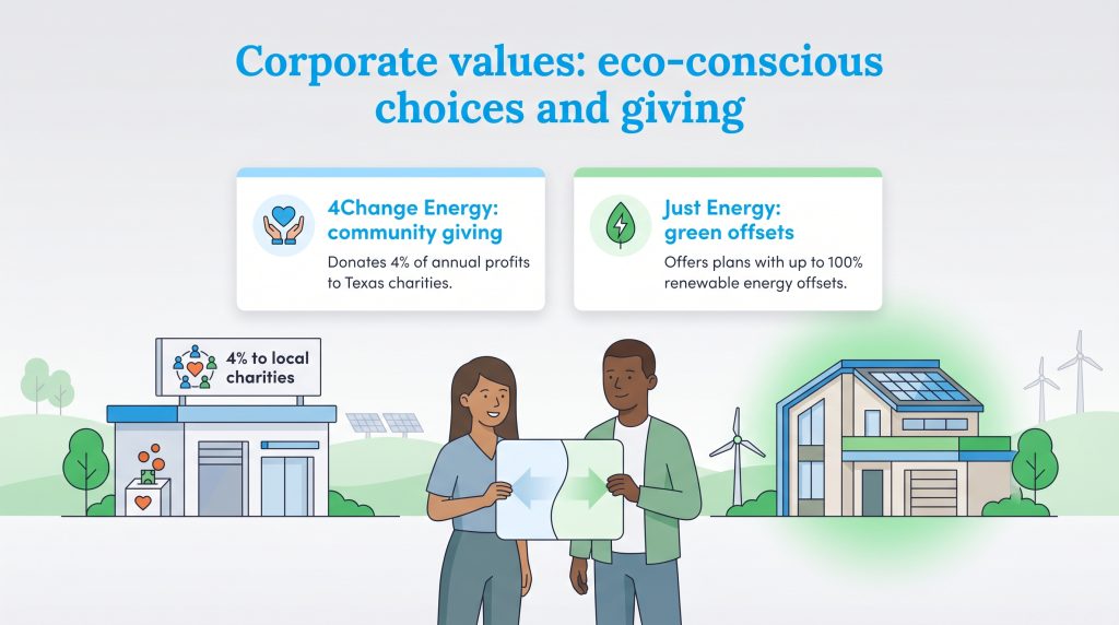 Infographic comparing 4Change Energy's charitable donations with Just Energy's green energy offsets.