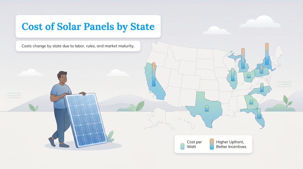 Infographic showing US map comparing state solar costs and incentives, and a man with a panel.