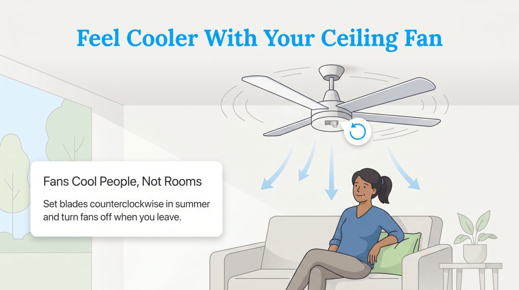 Illustration showing a woman under a ceiling fan set to counterclockwise for a summer breeze.