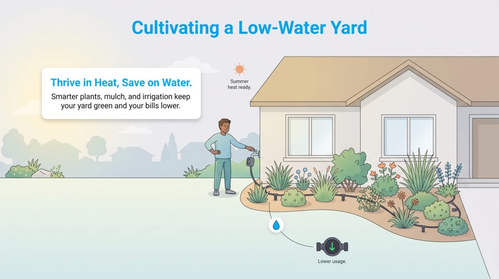 Illustration of a man tending a low-water garden with drip irrigation at a house.