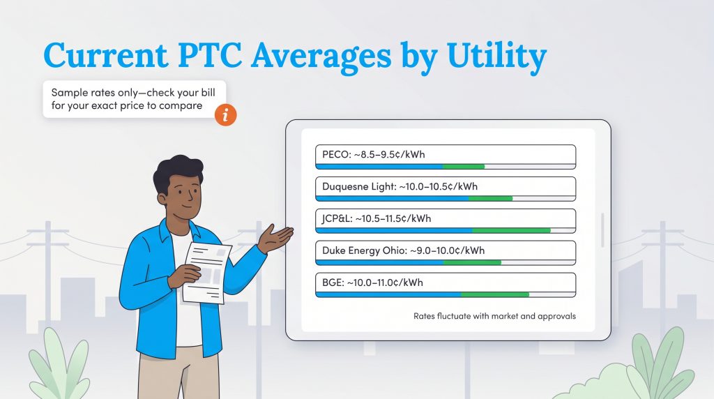 Man points to a tablet showing sample Price to Compare averages for various utilities, noting rates fluctuate.