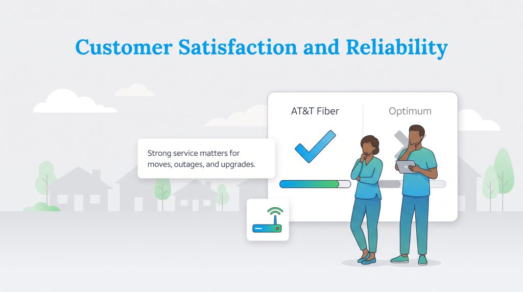 Infographic compares AT&T Fiber and Optimum satisfaction, with AT&T Fiber showing a checkmark.