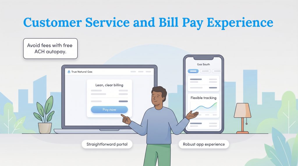 Man comparing True Natural Gas's laptop portal and Gas South's mobile app for bill pay.