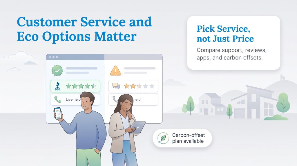 An illustration of two people comparing natural gas providers, highlighting customer service ratings and carbon-offset plan availability.