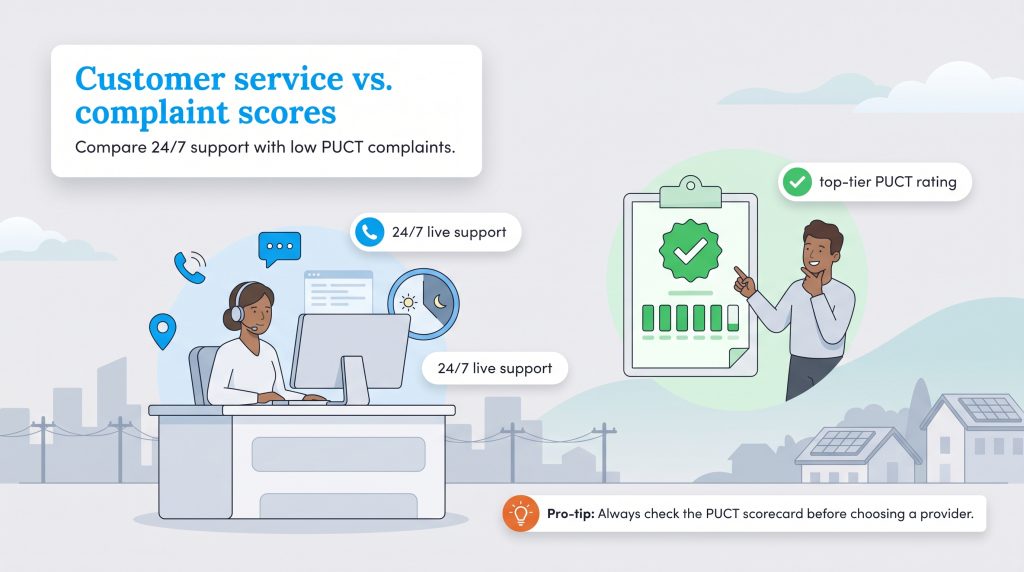 Infographic comparing 24/7 live support availability against top-tier PUCT complaint ratings.