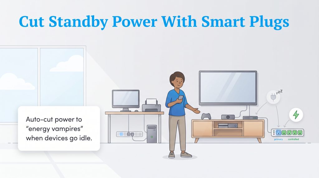 Illustration of a smart power strip auto-cutting power to idle devices like a TV and computer to save energy.