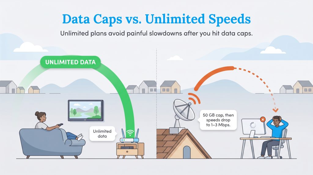 A diagram contrasting smooth unlimited internet use with frustrations after hitting a 50GB data cap.