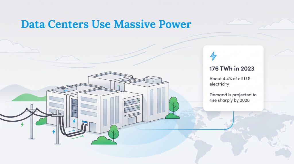 Data center illustration showing 2023 U.S. energy use at 176 TWh, or 4.4% of the total electricity.