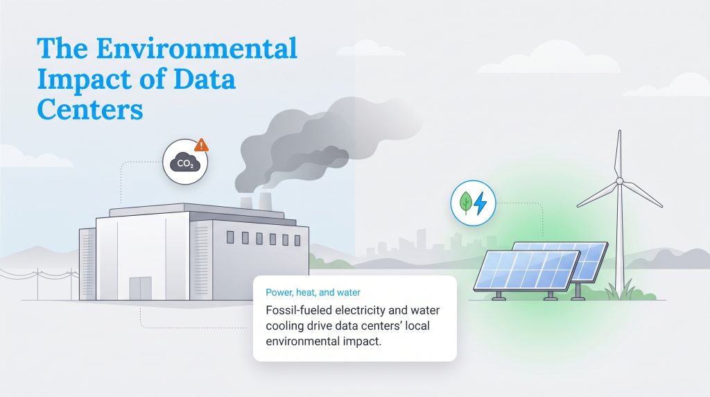 Illustration contrasting a polluting data center with one powered by solar and wind energy.