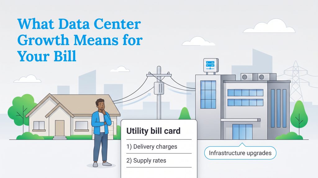 Illustration showing a man's utility bill card linked to a data center, indicating cost factors.